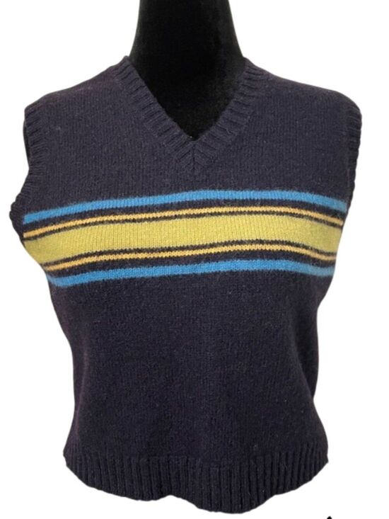Unbranded Sweaters - Vintage M.Y. Sportswear Wool Sweater Vest Womens Large Navy Blue Lime Striped